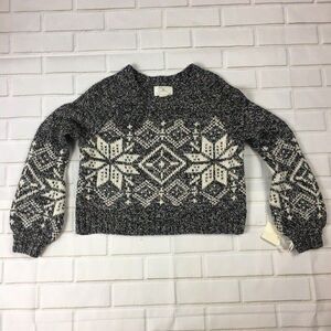 New Gray Wool Blend Nordic Snowflake Bell Sleeve Cropped Sweater womens M NWT
